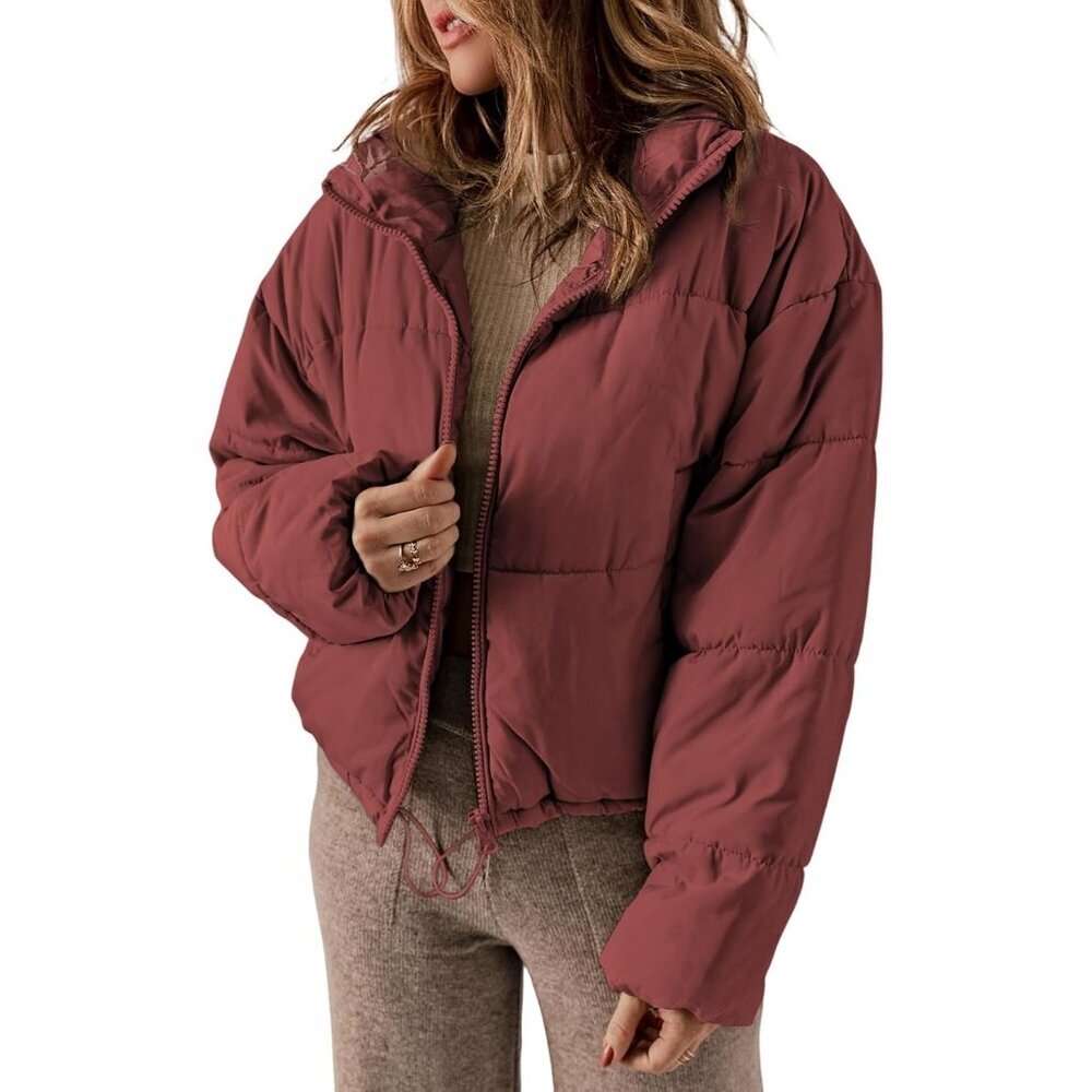 Women’s Red 100% Polyester Warm Zip-Up Classic Quilted Puffer Jacket